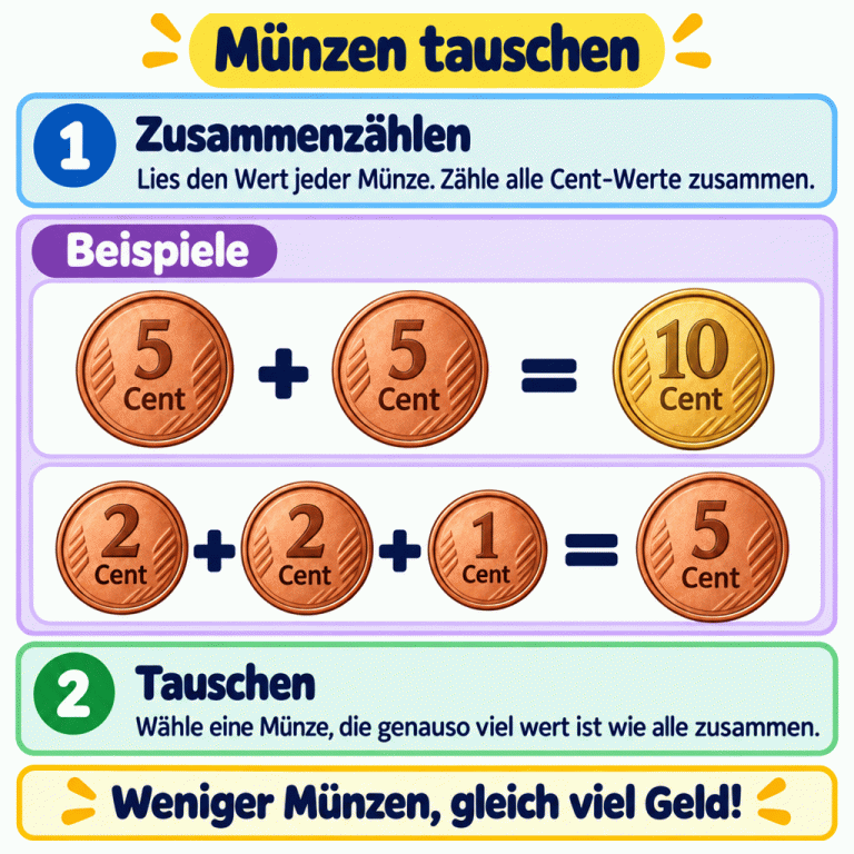 Münzen tauschen: Lies die Werte und zähle sie zusammen. Zwei Beispiele zeigen: 5 Cent plus 5 Cent sind genauso viel wert wie eine 10-Cent-Münze. 2 Cent plus 2 Cent plus 1 Cent sind genauso viel wert wie eine 5-Cent-Münze. Wähle eine einzelne Münze mit dem Gesamtwert. Weniger Münzen, gleich viel Geld! Münzen tauschen Zusammenzählen: Lies den Wert jeder Münze. Zähle alle Cent-Werte zusammen. Tauschen: Wähle eine Münze, die genauso viel wert ist wie alle zusammen. Weniger Münzen, gleich viel Geld! Beispiele 5 10 2 1 Cent + = 1 2