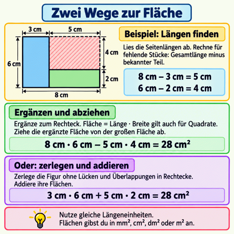 Zwei Wege zur Fläche, erklärt an einem Beispiel: Eine L-Figur wird zu einem Rechteck mit 8 cm Länge und 6 cm Höhe ergänzt. Die Schenkel sind 3 cm breit und 2 cm hoch. Daher misst die ergänzte Ecke 8 minus 3, also 5 cm, und 6 minus 2, also 4 cm. Erster Weg: Die ergänzte Fläche von der großen Rechteckfläche abziehen. 8 cm mal 6 cm minus 5 cm mal 4 cm ergibt 28 cm². Zweiter Weg: Die L-Figur in zwei Rechtecke ohne Lücken oder Überlappungen zerlegen. 3 cm mal 6 cm plus 5 cm mal 2 cm ergibt ebenfalls 28 cm². Alle Längen müssen dieselbe Einheit haben; Flächen werden in Quadrateinheiten angegeben. Zwei Wege zur Fläche Beispiel: Längen finden: Lies die Seitenlängen ab. Rechne für fehlende Stücke: Gesamtlänge minus bekannter Teil. Ergänzen und abziehen: Ergänze zum Rechteck. Fläche = Länge · Breite gilt auch für Quadrate. Ziehe die ergänzte Fläche von der großen Fläche ab. Oder: zerlegen und addieren: Zerlege die Figur ohne Lücken und Überlappungen in Rechtecke. Addiere ihre Flächen. Nutze gleiche Längeneinheiten. Flächen gibst du in mm², cm², dm² oder m² an. 8 cm 6 cm 3 cm 2 cm 5 cm 4 cm 8 cm − 3 cm = 5 cm 6 cm − 2 cm = 4 cm 8 cm · 6 cm − 5 cm · 4 cm = 28 cm² 3 cm · 6 cm + 5 cm · 2 cm = 28 cm²
