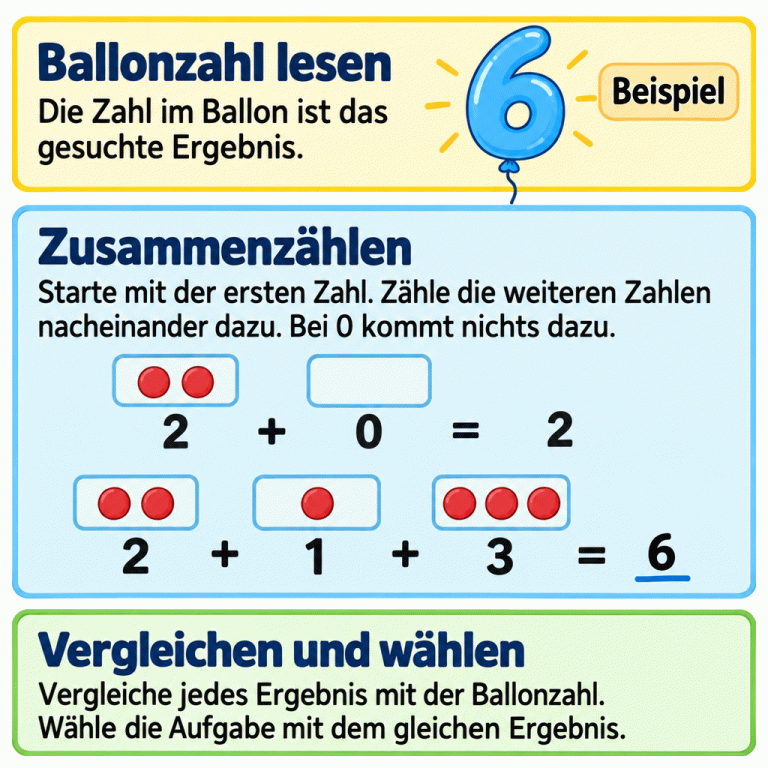 Lies zuerst die Zahl des Ballons. Im Beispiel ist es eine 6. Rechne die Aufgaben aus: 2 plus 0 ergibt 2, denn bei 0 kommt nichts dazu. 2 plus 1 plus 3 ergibt 6; dazu sind Gruppen mit zwei, einem und drei Plättchen zu sehen. Vergleiche die Ergebnisse mit der Ballonzahl. Im Beispiel passt die Aufgabe mit dem Ergebnis 6. Ballonzahl lesen: Die Zahl im Ballon ist das gesuchte Ergebnis. Zusammenzählen: Starte mit der ersten Zahl. Zähle die weiteren Zahlen nacheinander dazu. Bei 0 kommt nichts dazu. Vergleichen und wählen: Vergleiche jedes Ergebnis mit der Ballonzahl. Wähle die Aufgabe mit dem gleichen Ergebnis. Beispiel 6 2 + 0 = 2 2 + 1 + 3 = 6