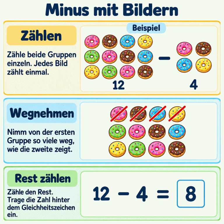 Minus mit Bildern: Zähle beide Gruppen einzeln. Im Beispiel sind es zwölf Donuts minus vier Donuts. Von den zwölf Donuts werden vier durchgestrichen. Acht bleiben übrig. Die Rechnung lautet zwölf minus vier gleich acht. Die Acht steht im Ergebnisfeld hinter dem Gleichheitszeichen. Minus mit Bildern Zählen: Zähle beide Gruppen einzeln. Jedes Bild zählt einmal. Wegnehmen: Nimm von der ersten Gruppe so viele weg, wie die zweite zeigt. Rest zählen: Zähle den Rest. Trage die Zahl hinter dem Gleichheitszeichen ein. Beispiel 12 4 − = 8