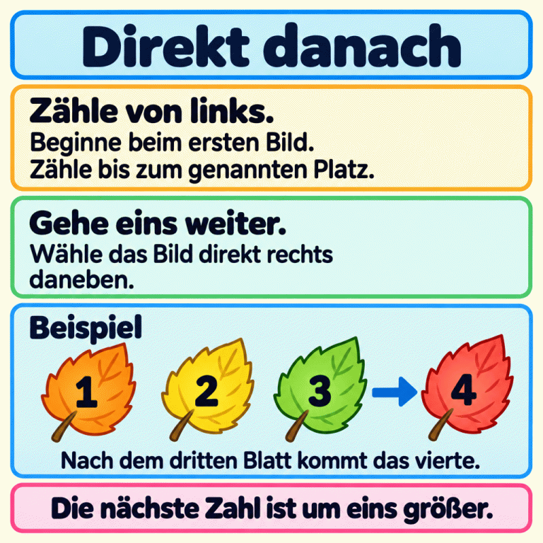 Direkt danach: Zähle die Bilder von links bis zum genannten Platz und gehe dann genau ein Bild nach rechts. Das Beispiel zeigt vier Blätter mit den Zahlen 1, 2, 3 und 4. Nach dem dritten Blatt kommt das vierte. Die nächste Zahl ist um eins größer. Direkt danach Zähle von links.: Beginne beim ersten Bild. Zähle bis zum genannten Platz. Gehe eins weiter.: Wähle das Bild direkt rechts daneben. Beispiel: Nach dem dritten Blatt kommt das vierte. Die nächste Zahl ist um eins größer. 1 2 3 4
