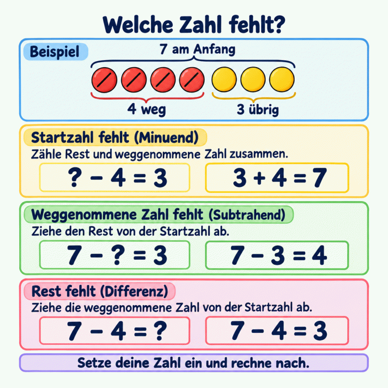 Welche Zahl fehlt? Ein Beispiel zeigt sieben Plättchen am Anfang: Vier werden weggenommen, drei bleiben übrig. Fehlt die Startzahl, rechnest du drei plus vier. Fehlt die weggenommene Zahl, rechnest du sieben minus drei. Fehlt der Rest, rechnest du sieben minus vier. Setze die gefundene Zahl in deine Aufgabe ein und rechne nach. Welche Zahl fehlt? Startzahl fehlt (Minuend): Zähle Rest und weggenommene Zahl zusammen. Weggenommene Zahl fehlt (Subtrahend): Ziehe den Rest von der Startzahl ab. Rest fehlt (Differenz): Ziehe die weggenommene Zahl von der Startzahl ab. Setze deine Zahl ein und rechne nach. Beispiel 7 am Anfang 4 weg 3 übrig ? − 4 = 3 3 + 4 = 7 7 − ? = 3 7 − 3 = 4 7 − 4 = ? 7 − 4 = 3