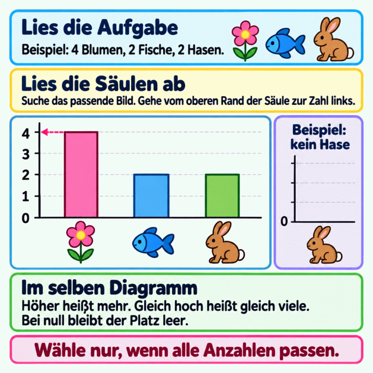 Eine Anleitung zum Lesen von Säulendiagrammen. Im Beispiel reicht die Säule für vier Blumen bis zur Zahl vier. Die Säulen für zwei Fische und zwei Hasen reichen beide bis zur Zahl zwei. Eine waagerechte Ablesehilfe zeigt von der Oberkante einer Säule zur Zahlenskala. Ein getrenntes Beispiel zeigt: Bei keinem Hasen bleibt der Säulenplatz über der Nulllinie leer. Gewählt wird nur ein Diagramm, in dem alle Anzahlen zur Aufgabe passen. Lies die Aufgabe: Beispiel: 4 Blumen, 2 Fische, 2 Hasen. Lies die Säulen ab: Suche das passende Bild. Gehe vom oberen Rand der Säule zur Zahl links. Im selben Diagramm: Höher heißt mehr. Gleich hoch heißt gleich viele. Bei null bleibt der Platz leer. Wähle nur, wenn alle Anzahlen passen. 1 2 3 4 Beispiel: kein Hase