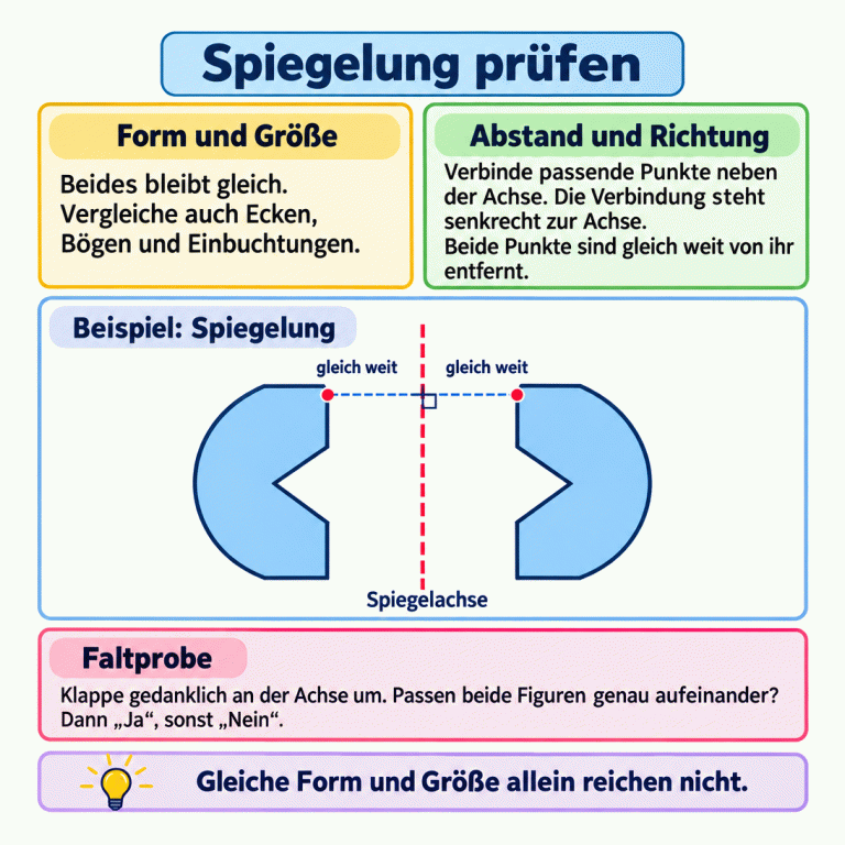 Eine Geometriekarte erklärt die Prüfung einer Spiegelung. Ein gekennzeichnetes Lehrbeispiel zeigt zwei gleich große Formen mit Bögen und Einbuchtungen als exakte Spiegelbilder an einer senkrechten Achse. Zwei markierte Punkte liegen auf gleicher Höhe und gleich weit von der Achse entfernt. Ihre Verbindung trifft die Achse rechtwinklig. Die Anleitung fordert zum Vergleich von Form, Größe und Punktlage auf. Bei der gedanklichen Faltprobe müssen die vollständigen Figuren genau aufeinanderpassen. Spiegelung prüfen Form und Größe: Beides bleibt gleich. Vergleiche auch Ecken, Bögen und Einbuchtungen. Abstand und Richtung: Verbinde passende Punkte neben der Achse. Die Verbindung steht senkrecht zur Achse. Beide Punkte sind gleich weit von ihr entfernt. Faltprobe: Klappe gedanklich an der Achse um. Passen beide Figuren genau aufeinander? Dann „Ja“, sonst „Nein“. Gleiche Form und Größe allein reichen nicht. Beispiel: Spiegelung Spiegelachse gleich weit