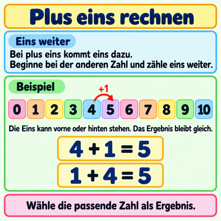 Plus eins bedeutet: Beginne bei der anderen Zahl und zähle eine Zahl weiter. Die Karte zeigt die Zahlenfolge von null bis zehn. Im Beispiel führt ein Schritt von vier zu fünf. Vier plus eins ergibt fünf, und eins plus vier ergibt ebenfalls fünf. Plus eins rechnen Eins weiter: Bei plus eins kommt eins dazu. Beginne bei der anderen Zahl und zähle eins weiter. Beispiel: Die Eins kann vorne oder hinten stehen. Das Ergebnis bleibt gleich. Wähle die passende Zahl als Ergebnis. 0 1 2 3 4 5 6 7 8 9 10 +1 4 + 1 = 5 1 + 4 = 5