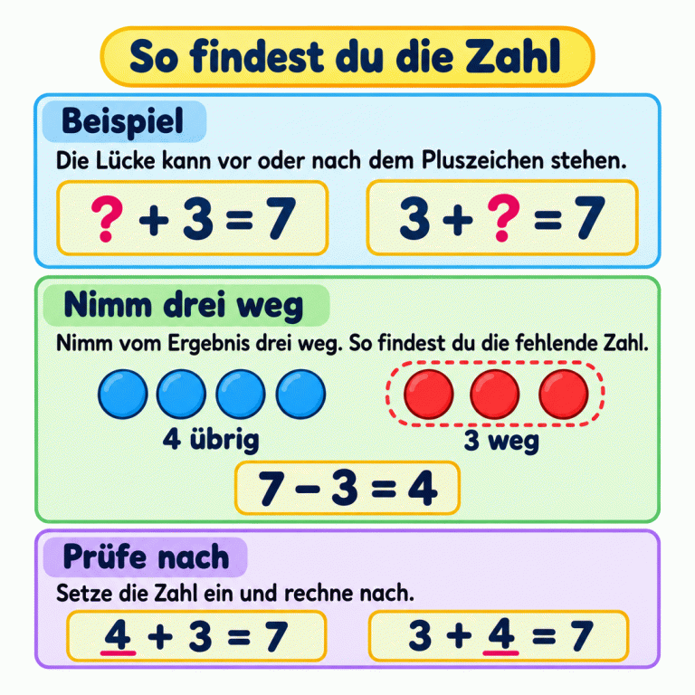 Ein Beispiel zeigt die Aufgaben ? + 3 = 7 und 3 + ? = 7. Sieben Plättchen sind in vier übrige und drei wegzunehmende Plättchen aufgeteilt. Die Rechnung 7 − 3 = 4 zeigt: Die fehlende Zahl ist in diesem Beispiel vier. Zur Probe stehen darunter 4 + 3 = 7 und 3 + 4 = 7. Die Regel lautet: Nimm vom Ergebnis drei weg und prüfe die gefundene Zahl durch Einsetzen. So findest du die Zahl Beispiel: Die Lücke kann vor oder nach dem Pluszeichen stehen. Nimm drei weg: Nimm vom Ergebnis drei weg. So findest du die fehlende Zahl. Prüfe nach: Setze die Zahl ein und rechne nach. ? + 3 = 7 3 + ? = 7 4 übrig 3 weg 7 − 3 = 4 4 + 3 = 7 3 + 4 = 7