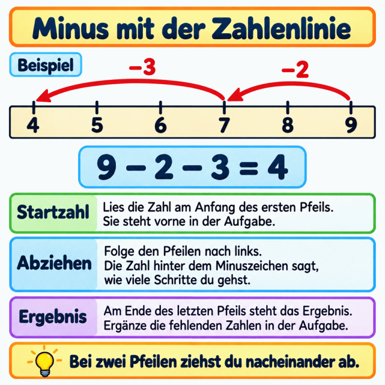 Ein Beispiel zeigt eine Zahlenlinie von 4 bis 9. Der erste Pfeil führt von 9 zwei Schritte nach links zur 7. Der zweite führt von 7 drei Schritte nach links zur 4. Darunter steht: 9 minus 2 minus 3 ist gleich 4. Am Anfang des ersten Pfeils liest du die Startzahl ab, an den Pfeilen die abzuziehenden Zahlen und am Ende des letzten Pfeils das Ergebnis. Minus mit der Zahlenlinie Startzahl: Lies die Zahl am Anfang des ersten Pfeils. Sie steht vorne in der Aufgabe. Abziehen: Folge den Pfeilen nach links. Die Zahl hinter dem Minuszeichen sagt, wie viele Schritte du gehst. Ergebnis: Am Ende des letzten Pfeils steht das Ergebnis. Ergänze die fehlenden Zahlen in der Aufgabe. Bei zwei Pfeilen ziehst du nacheinander ab. Beispiel 4 5 6 7 8 9 −2 −3 9 − 2 − 3 = 4