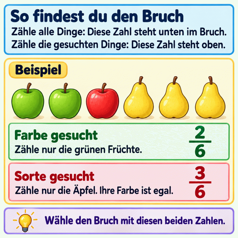 Zähle zuerst alle Dinge. Diese Anzahl steht unten im Bruch. Zähle dann die gesuchten Dinge. Ihre Anzahl steht oben. Das Beispiel zeigt sechs Früchte: zwei grüne Äpfel, einen roten Apfel und drei gelbe Birnen. Zwei von sechs Früchten sind grün: Im Bruch steht oben eine Zwei und unten eine Sechs. Drei von sechs Früchten sind Äpfel: Im Bruch steht oben eine Drei und unten eine Sechs. Bei der Frage nach Äpfeln zählt auch der rote Apfel mit. Wähle den Bruch mit den beiden passenden Zahlen. So findest du den Bruch: Zähle alle Dinge: Diese Zahl steht unten im Bruch.
Zähle die gesuchten Dinge: Diese Zahl steht oben. Farbe gesucht: Zähle nur die grünen Früchte. Sorte gesucht: Zähle nur die Äpfel. Ihre Farbe ist egal. Wähle den Bruch mit diesen beiden Zahlen. Beispiel 2 3 6