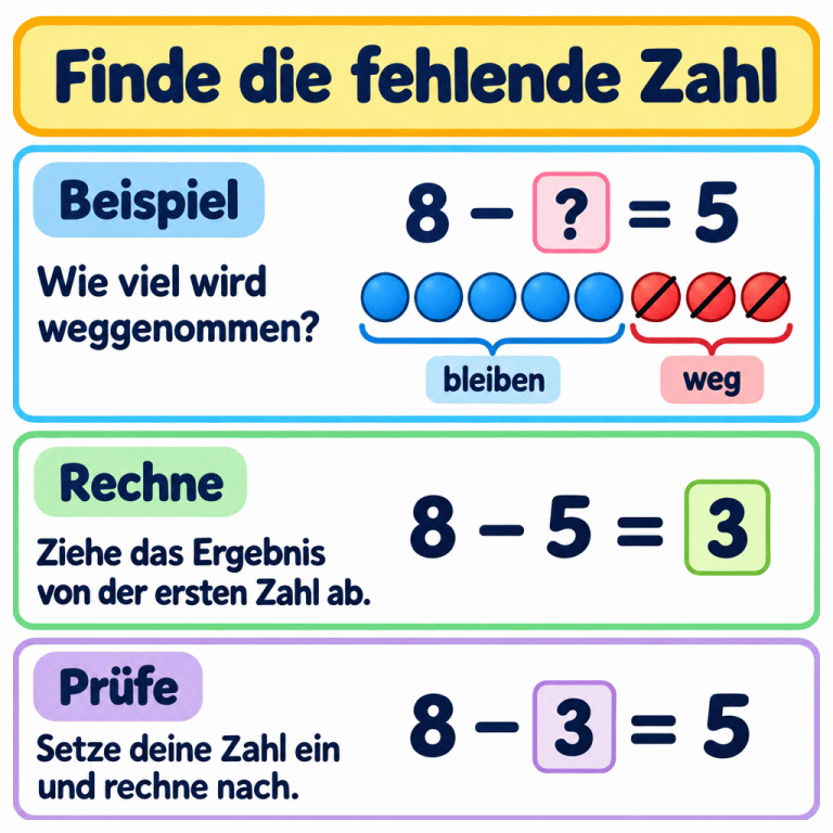 Finde die fehlende Zahl. Beispiel: 8 minus eine fehlende Zahl ergibt 5. Von acht Plättchen bleiben fünf; drei werden weggenommen. Ziehe das Ergebnis von der ersten Zahl ab: 8 minus 5 ergibt 3. Prüfe durch Einsetzen: 8 minus 3 ergibt 5. Finde die fehlende Zahl Beispiel: Wie viel wird weggenommen? Rechne: Ziehe das Ergebnis von der ersten Zahl ab. Prüfe: Setze deine Zahl ein und rechne nach. 8 − ? = 5 bleiben weg 8 − 5 = 3 8 − 3 = 5