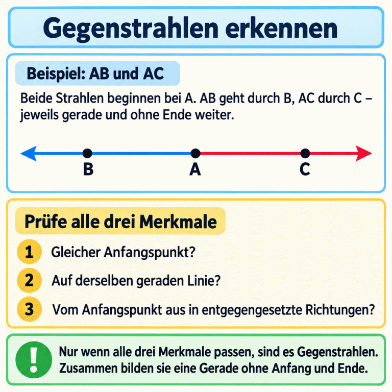 Lehrbeispiel für Gegenstrahlen: Die Strahlen AB und AC beginnen beide bei A. Die Punkte B und C liegen auf derselben geraden Linie auf verschiedenen Seiten von A. Pfeilspitzen zeigen, dass beide Strahlen über B und C hinaus in entgegengesetzte Richtungen weitergehen. Prüfe den gemeinsamen Anfangspunkt, die gemeinsame gerade Linie und die entgegengesetzten Richtungen. Nur wenn alle drei Merkmale passen, bilden die Strahlen zusammen eine Gerade ohne Anfang und Ende. Gegenstrahlen erkennen Beispiel: AB und AC: Beide Strahlen beginnen bei A. AB geht durch B, AC durch C – jeweils gerade und ohne Ende weiter. Prüfe alle drei Merkmale: Gleicher Anfangspunkt?
Auf derselben geraden Linie?
Vom Anfangspunkt aus in entgegengesetzte Richtungen? Nur wenn alle drei Merkmale passen, sind es Gegenstrahlen. Zusammen bilden sie eine Gerade ohne Anfang und Ende. A B C 1 2 3 !