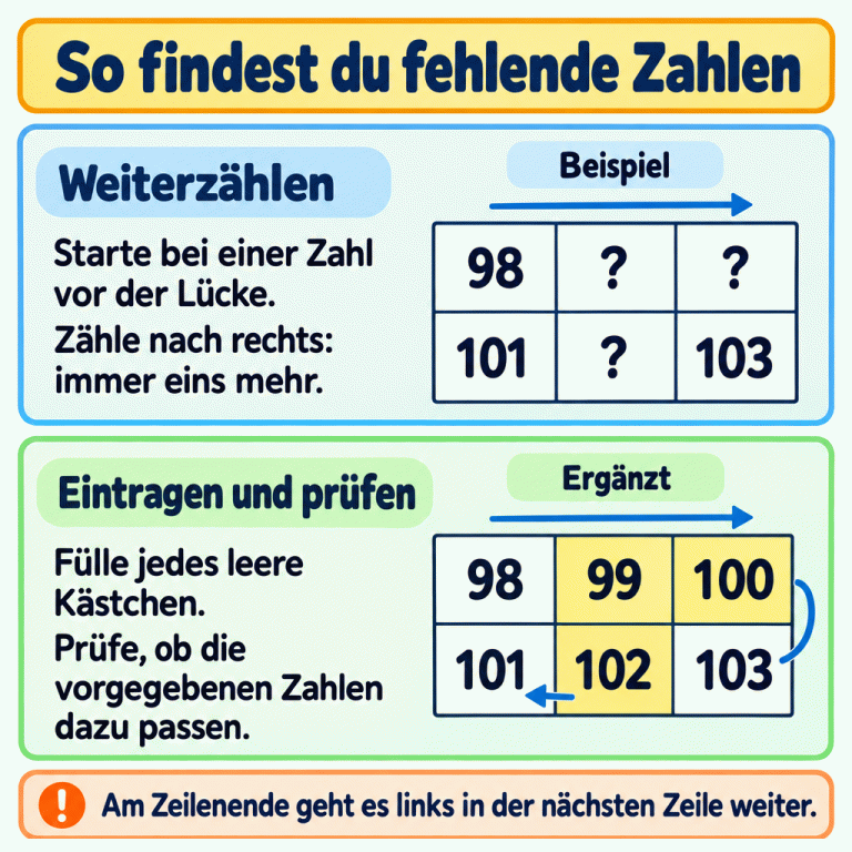 Ein Lehrbeispiel zeigt eine kleine Zahlentabelle mit zwei Zeilen. Oben stehen 98 und zwei Fragezeichen, unten 101, ein Fragezeichen und 103. Darunter ist die Tabelle ergänzt: oben 98, 99, 100; unten 101, 102, 103. Zähle für jedes Kästchen eins weiter. Nach dem Zeilenende geht es links in der nächsten Zeile weiter. Prüfe, ob deine Einträge zu den vorgegebenen Zahlen passen. So findest du fehlende Zahlen Weiterzählen: Starte bei einer Zahl vor der Lücke. Zähle nach rechts: immer eins mehr. Eintragen und prüfen: Fülle jedes leere Kästchen. Prüfe, ob die vorgegebenen Zahlen dazu passen. Am Zeilenende geht es links in der nächsten Zeile weiter. Beispiel Ergänzt 98 ? 99 100 101 102 103 !