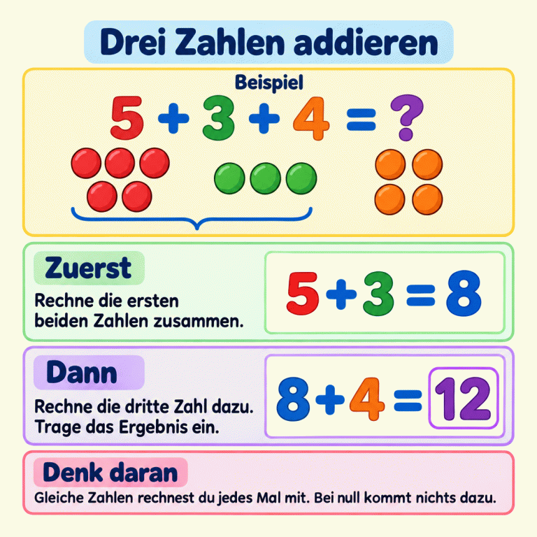 Drei Zahlen addieren. Das Beispiel zeigt fünf plus drei plus vier. Drei Plättchengruppen enthalten fünf, drei und vier Plättchen. Zuerst: fünf plus drei ergibt acht. Dann: acht plus vier ergibt zwölf. Zwölf ist das Ergebnis, das eingetragen wird. Gleiche Zahlen werden jedes Mal mitgerechnet. Bei null kommt nichts dazu. Drei Zahlen addieren Zuerst: Rechne die ersten beiden Zahlen zusammen. Dann: Rechne die dritte Zahl dazu. Trage das Ergebnis ein. Denk daran: Gleiche Zahlen rechnest du jedes Mal mit. Bei null kommt nichts dazu. Beispiel 5 + 3 + 4 = ? 5 + 3 = 8 8 + 4 = 12