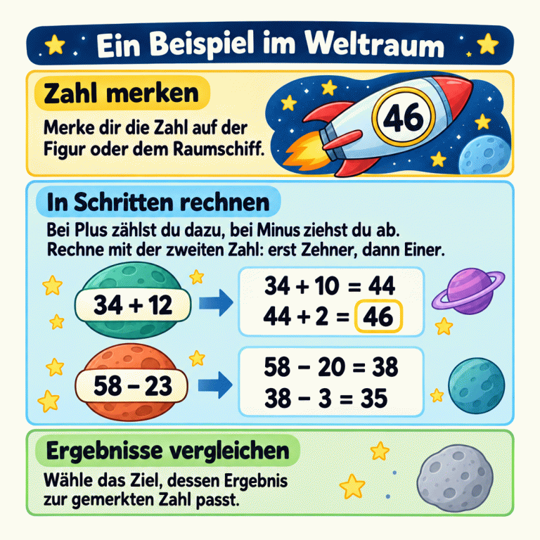 Ein Lehrbeispiel zeigt eine Rakete mit der Zahl 46 und zwei Rechenplaneten. Bei 34 plus 12 werden zuerst 10 und dann 2 dazugezählt: Das Ergebnis ist 46. Bei 58 minus 23 werden zuerst 20 und dann 3 abgezogen: Das Ergebnis ist 35. Zur Raketen-Zahl passt der Planet mit der Plusaufgabe. Die Anleitung erklärt: Zahl merken, in Schritten rechnen und Ergebnisse vergleichen. Ein Beispiel im Weltraum Zahl merken: Merke dir die Zahl auf der Figur oder dem Raumschiff. In Schritten rechnen: Bei Plus zählst du dazu, bei Minus ziehst du ab. Rechne mit der zweiten Zahl: erst Zehner, dann Einer. Ergebnisse vergleichen: Wähle das Ziel, dessen Ergebnis zur gemerkten Zahl passt. 46 34 + 12 34 + 10 = 44 44 + 2 = 46 58 − 23 58 − 20 = 38 38 − 3 = 35