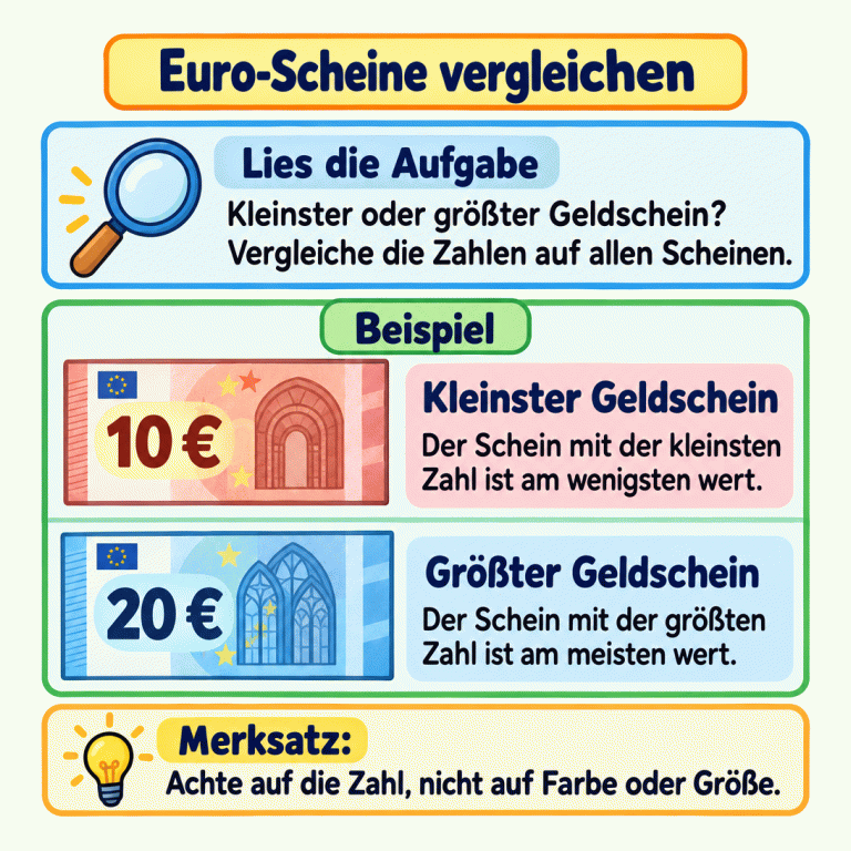 Euro-Scheine vergleichen: Lies zuerst, ob der kleinste oder größte Geldschein gesucht wird, und vergleiche die Zahlen auf allen Scheinen. Das Beispiel zeigt einen 10-Euro-Schein und einen 20-Euro-Schein. Von diesen beiden ist der 10-Euro-Schein am wenigsten und der 20-Euro-Schein am meisten wert. Entscheidend ist die Zahl, nicht Farbe oder Größe. Euro-Scheine vergleichen Lies die Aufgabe: Kleinster oder größter Geldschein? Vergleiche die Zahlen auf allen Scheinen. Kleinster Geldschein: Der Schein mit der kleinsten Zahl ist am wenigsten wert. Größter Geldschein: Der Schein mit der größten Zahl ist am meisten wert. Achte auf die Zahl, nicht auf Farbe oder Größe. Beispiel 10 € 20 € Merksatz: