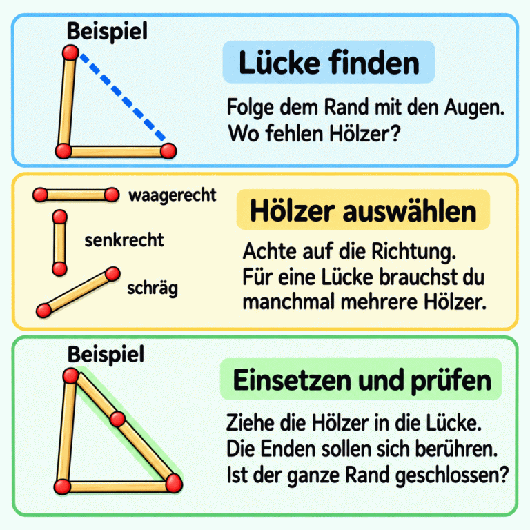 Drei Abschnitte erklären das Ergänzen einer Figur. Oben fehlt an einem Dreieck eine schräge Seite. In der Mitte zeigen beschriftete Hölzer die Richtungen waagerecht, senkrecht und schräg. Unten schließen zwei hintereinander eingesetzte Hölzer die fehlende Dreiecksseite. Ihre Enden berühren sich, und der gesamte Rand ist geschlossen. Die Anleitung erklärt: Lücken finden, passende Hölzer auswählen, einsetzen und den Rand prüfen. Lücke finden: Folge dem Rand mit den Augen. Wo fehlen Hölzer? Hölzer auswählen: Achte auf die Richtung. Für eine Lücke brauchst du manchmal mehrere Hölzer. Einsetzen und prüfen: Ziehe die Hölzer in die Lücke. Die Enden sollen sich berühren. Ist der ganze Rand geschlossen? Beispiel waagerecht senkrecht schräg