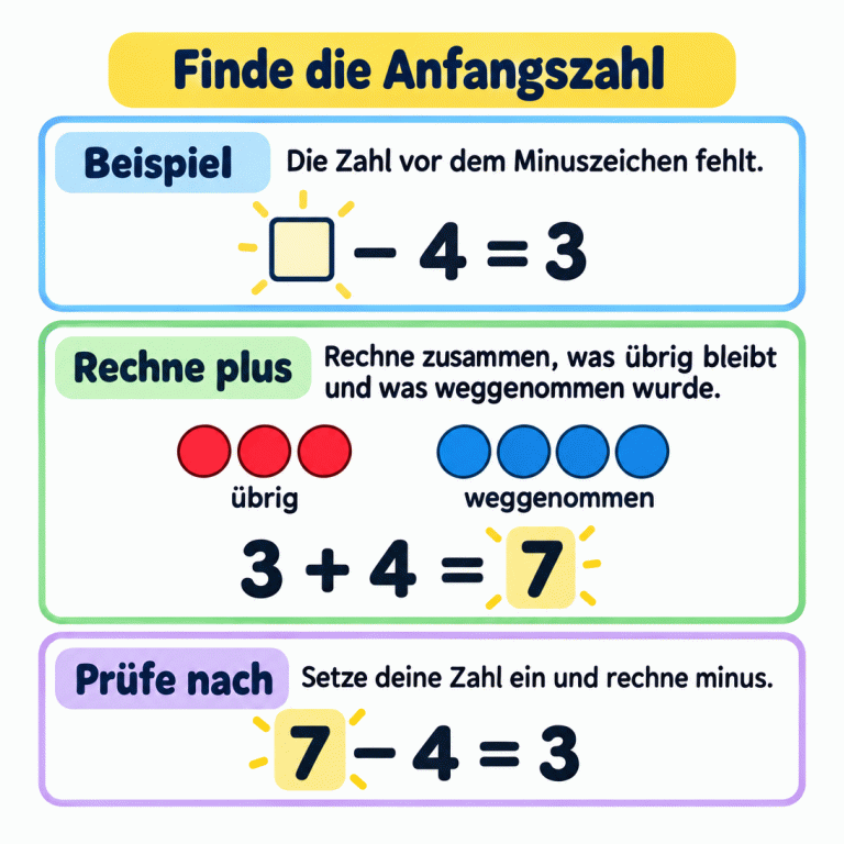 Finde die Anfangszahl: Im Beispiel fehlt die erste Zahl bei □ − 4 = 3. Drei Plättchen bleiben übrig, vier wurden weggenommen. Zusammen waren es am Anfang sieben: 3 + 4 = 7. Die Probe bestätigt: 7 − 4 = 3. Finde die Anfangszahl Beispiel: Die Zahl vor dem Minuszeichen fehlt. Rechne plus: Rechne zusammen, was übrig bleibt und was weggenommen wurde. Prüfe nach: Setze deine Zahl ein und rechne minus. □ − 4 = 3 übrig weggenommen 3 + 4 = 7 7 − 4 = 3