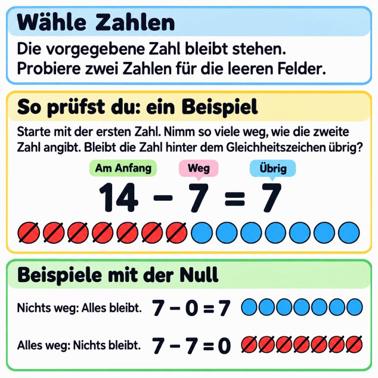 Lernkarte zum Ergänzen von Minusaufgaben. Die vorgegebene Zahl bleibt stehen; zwei Zahlen werden für die freien Felder ausprobiert. Beim Prüfen beginnt man mit der ersten Anzahl, nimmt die zweite weg und vergleicht den Rest mit dem Ergebnis. Im Lehrbeispiel 14 minus 7 gleich 7 sind von 14 Plättchen sieben durchgestrichen und sieben übrig. Die Zahlen sind mit „Am Anfang“, „Weg“ und „Übrig“ beschriftet. Zwei Nullbeispiele zeigen: Bei 7 minus 0 gleich 7 bleiben alle sieben Plättchen. Bei 7 minus 7 gleich 0 sind alle sieben durchgestrichen und keines bleibt übrig. Wähle Zahlen: Die vorgegebene Zahl bleibt stehen. Probiere zwei Zahlen für die leeren Felder. So prüfst du: ein Beispiel: Starte mit der ersten Zahl. Nimm so viele weg, wie die zweite Zahl angibt. Bleibt die Zahl hinter dem Gleichheitszeichen übrig? Beispiele mit der Null: Nichts weg: Alles bleibt.
Alles weg: Nichts bleibt. 14 − 7 = 7 Am Anfang Weg Übrig 7 − 0 = 7 7 − 7 = 0