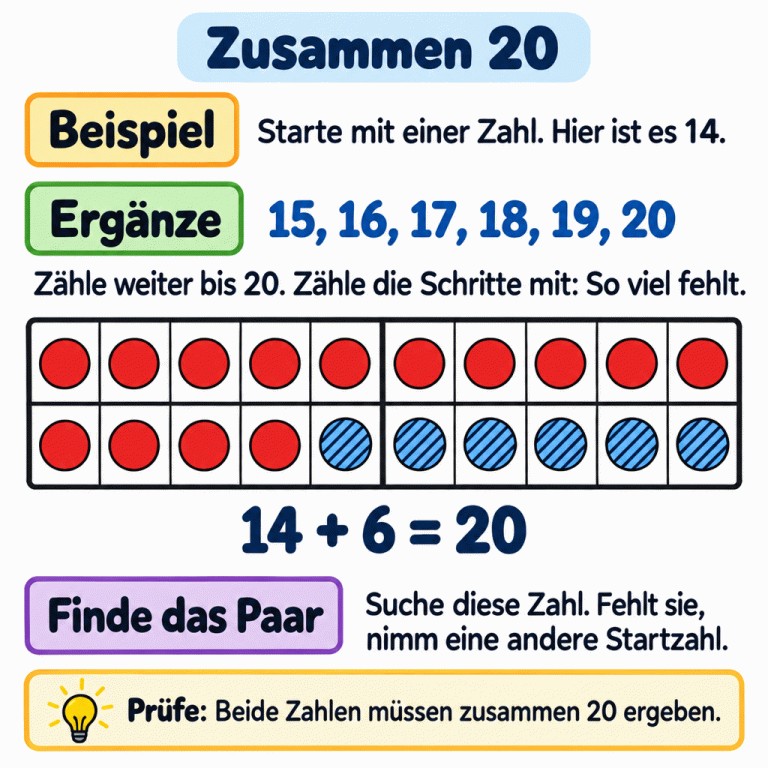 Zusammen 20: Starte mit einer Zahl, im Beispiel mit 14. Zähle weiter: 15, 16, 17, 18, 19, 20. Das sind sechs Schritte. Ein Zwanzigerfeld zeigt 14 Punkte ohne Muster und sechs zusätzliche Punkte mit Strichen. Darunter steht: 14 + 6 = 20. Suche die fehlende Zahl unter den angebotenen Zahlen. Ist sie nicht dabei, versuche eine andere Startzahl. Prüfe, ob beide Zahlen zusammen 20 ergeben. Zusammen 20 Beispiel: Starte mit einer Zahl. Hier ist es 14. Ergänze: Zähle weiter bis 20. Zähle die Schritte mit: So viel fehlt. Finde das Paar: Suche diese Zahl. Fehlt sie, nimm eine andere Startzahl. Prüfe: Beide Zahlen müssen zusammen 20 ergeben. 15, 16, 17, 18, 19, 20 14 + 6 = 20