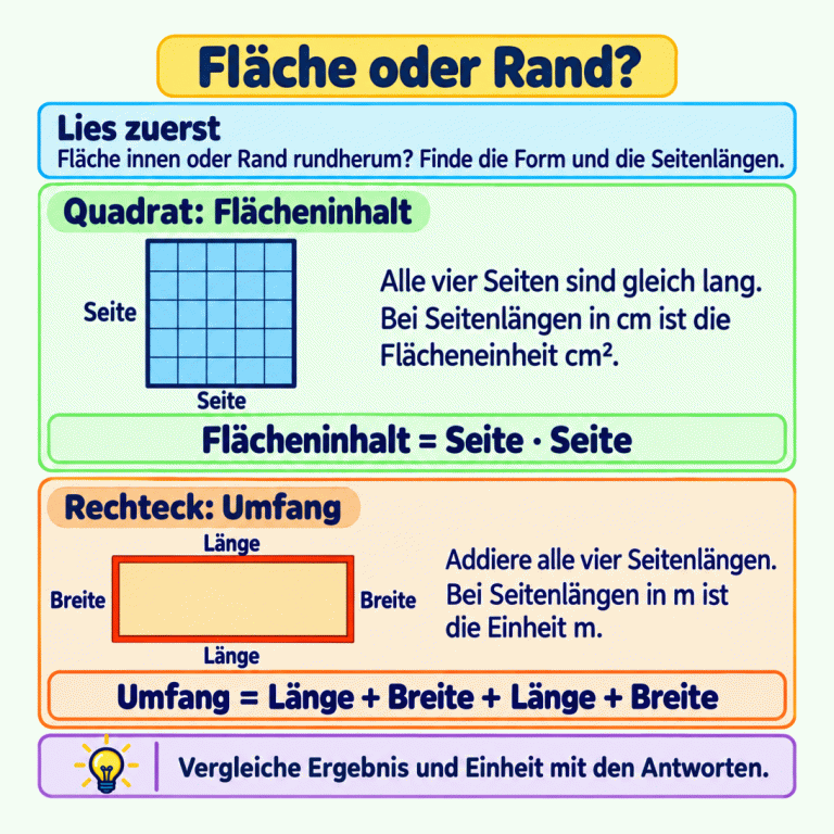 Fläche oder Rand? Finde zuerst Form und Seitenlängen im Aufgabentext. Ein Quadrat mit quadratischen Feldern zeigt die Innenfläche. Alle vier Seiten sind gleich lang; der Flächeninhalt ist Seite mal Seite. Bei Seitenlängen in cm lautet die Flächeneinheit cm². Beim Rechteck ist der gesamte Rand hervorgehoben. Zwei Seiten heißen Länge, zwei Breite. Der Umfang ist Länge plus Breite plus Länge plus Breite. Bei Seitenlängen in m lautet die Einheit m. Vergleiche Ergebnis und Einheit mit den Antworten. Fläche oder Rand? Lies zuerst: Fläche innen oder Rand rundherum? Finde die Form und die Seitenlängen. Quadrat: Flächeninhalt: Alle vier Seiten sind gleich lang. Bei Seitenlängen in cm ist die Flächeneinheit cm². Rechteck: Umfang: Addiere alle vier Seitenlängen. Bei Seitenlängen in m ist die Einheit m. Vergleiche Ergebnis und Einheit mit den Antworten. Seite Flächeninhalt = Seite · Seite Länge Breite Umfang = Länge + Breite + Länge + Breite