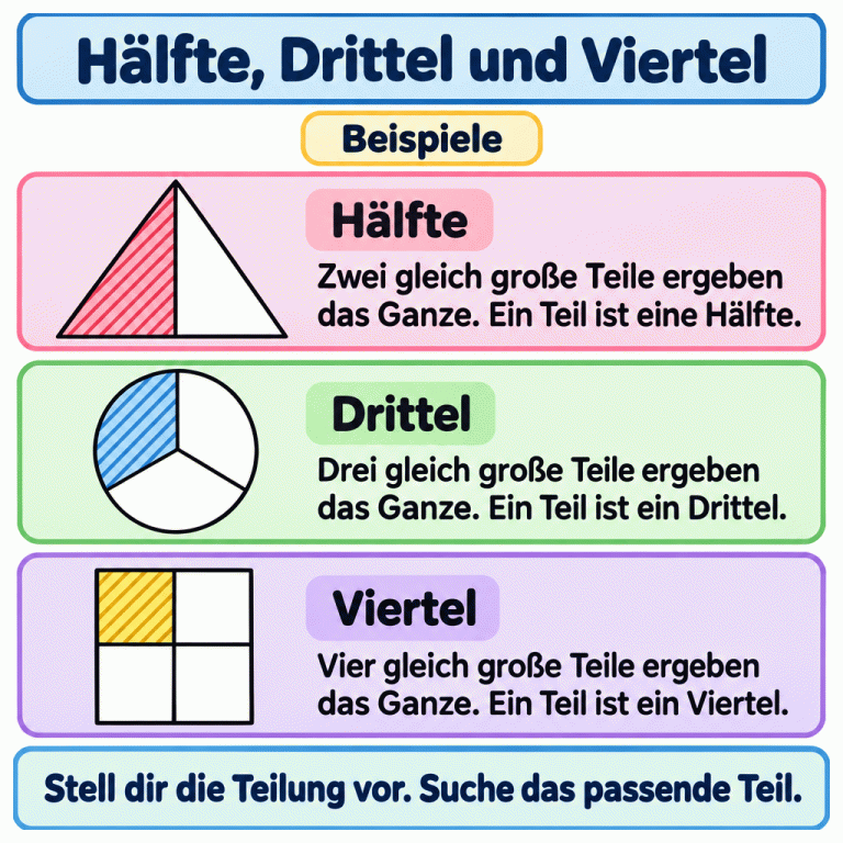 Drei Beispiele zeigen Teile eines Ganzen. Ein Dreieck ist in zwei gleich große Teile geteilt; einer ist schraffiert und zeigt eine Hälfte. Ein Kreis ist in drei gleich große Teile geteilt; einer zeigt ein Drittel. Ein Quadrat ist in vier gleich große Teile geteilt; einer zeigt ein Viertel. Alle Teile zusammen ergeben jeweils wieder das Ganze. Stell dir die Teilung vor und suche das passende Teil. Hälfte, Drittel und Viertel Hälfte: Zwei gleich große Teile ergeben das Ganze. Ein Teil ist eine Hälfte. Drittel: Drei gleich große Teile ergeben das Ganze. Ein Teil ist ein Drittel. Viertel: Vier gleich große Teile ergeben das Ganze. Ein Teil ist ein Viertel. Stell dir die Teilung vor. Suche das passende Teil. Beispiele