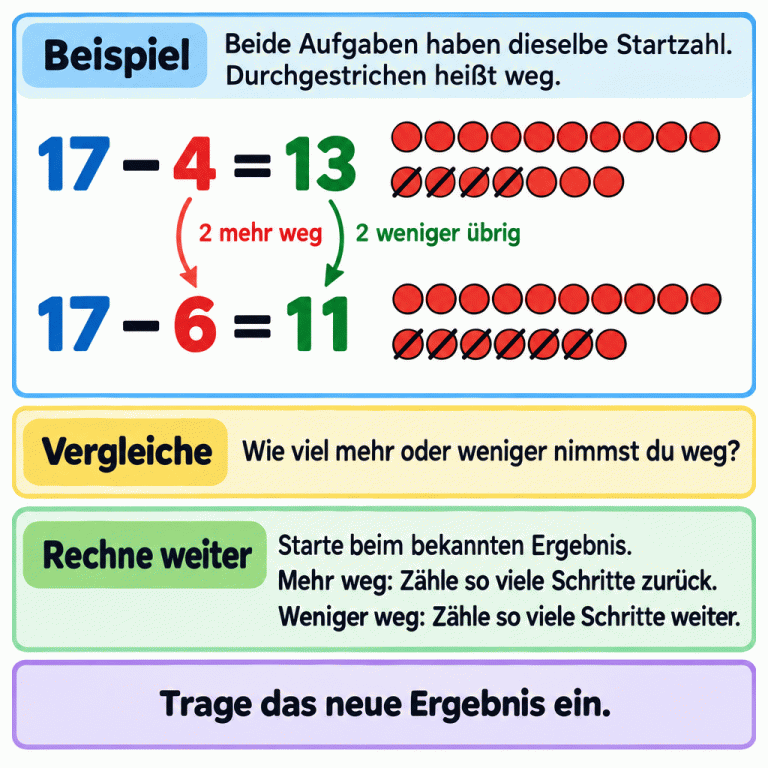 Ein Lehrbeispiel zeigt zwei Minusaufgaben mit derselben Startzahl: 17 minus 4 gleich 13 und 17 minus 6 gleich 11. Neben jeder Aufgabe liegen 17 Plättchen. Beim ersten Bild sind vier durchgestrichen und dreizehn übrig, beim zweiten sechs durchgestrichen und elf übrig. Zwei mehr weg bedeutet zwei weniger übrig. Die Anleitung erklärt: Vergleiche die weggenommenen Mengen und starte beim bekannten Ergebnis. Wird mehr weggenommen, zähle um den Unterschied zurück. Wird weniger weggenommen, zähle um den Unterschied weiter. Beispiel: Beide Aufgaben haben dieselbe Startzahl. Durchgestrichen heißt weg. Vergleiche: Wie viel mehr oder weniger nimmst du weg? Rechne weiter: Starte beim bekannten Ergebnis.
Mehr weg: Zähle so viele Schritte zurück.
Weniger weg: Zähle so viele Schritte weiter. Trage das neue Ergebnis ein. 17 − 4 = 13 17 − 6 = 11 2 mehr weg 2 weniger übrig