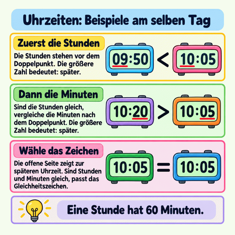 Drei Beispiele zum Vergleichen von Uhrzeiten am selben Tag. Zuerst die Stunden vergleichen: 09:50 ist früher als 10:05. Bei gleichen Stunden die Minuten vergleichen: 10:20 ist später als 10:05. Sind Stunden und Minuten gleich, gilt Gleichheit: 10:05 = 10:05. Die offene Seite des Ungleichheitszeichens zeigt zur späteren Uhrzeit. Eine Stunde hat 60 Minuten. Uhrzeiten: Beispiele am selben Tag Zuerst die Stunden: Die Stunden stehen vor dem Doppelpunkt. Die größere Zahl bedeutet: später. Dann die Minuten: Sind die Stunden gleich, vergleiche die Minuten nach dem Doppelpunkt. Die größere Zahl bedeutet: später. Wähle das Zeichen: Die offene Seite zeigt zur späteren Uhrzeit. Sind Stunden und Minuten gleich, passt das Gleichheitszeichen. Eine Stunde hat 60 Minuten. 09:50 10:05 10:20 < > =