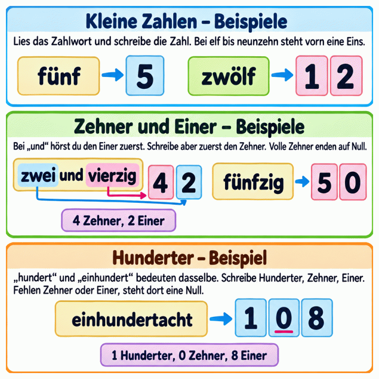 Drei Lernabschnitte zeigen Beispiele für Zahlwörter und ihre Ziffernschreibweise: fünf wird 5, zwölf wird 12. Bei zweiundvierzig hört man die Einer zuerst, schreibt aber 42: vier Zehner und zwei Einer. Fünfzig wird 50 und endet auf Null. Einhundertacht wird 108: ein Hunderter, null Zehner und acht Einer. Die Null hält die Zehnerstelle frei. Kleine Zahlen – Beispiele: Lies das Zahlwort und schreibe die Zahl. Bei elf bis neunzehn steht vorn eine Eins. Zehner und Einer – Beispiele: Bei „und“ hörst du den Einer zuerst. Schreibe aber zuerst den Zehner. Volle Zehner enden auf Null. Hunderter – Beispiel: „hundert“ und „einhundert“ bedeuten dasselbe. Schreibe Hunderter, Zehner, Einer. Fehlen Zehner oder Einer, steht dort eine Null. fünf 5 zwölf 12 zweiundvierzig 42 fünfzig 50 einhundertacht 108 4 Zehner, 2 Einer 1 Hunderter, 0 Zehner, 8 Einer