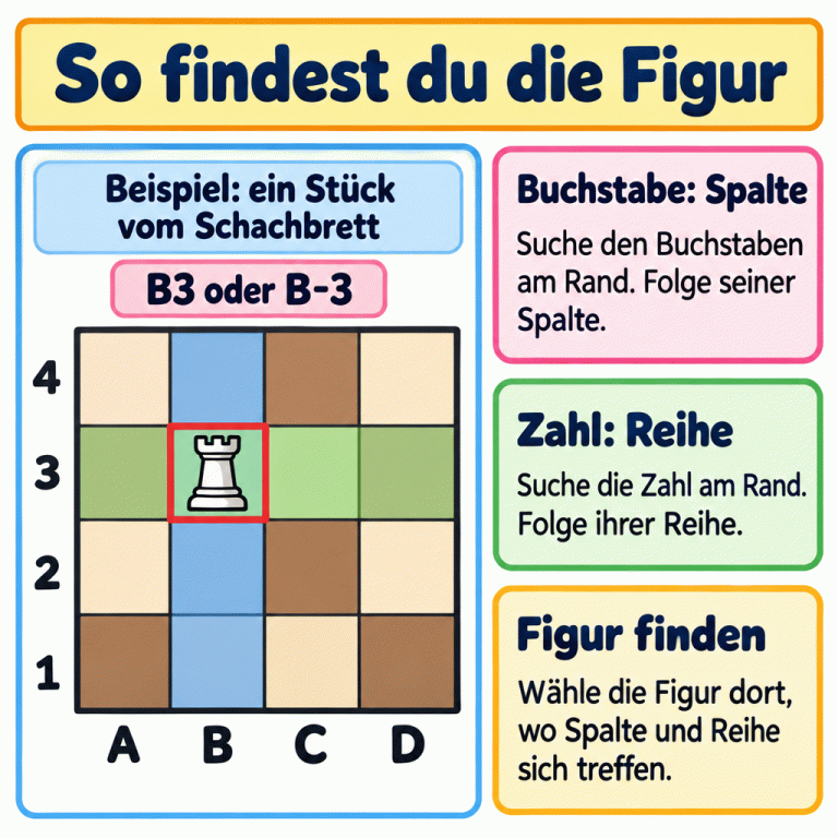 Ein Lehrbeispiel zeigt ein Stück vom Schachbrett mit den Spalten A bis D und den Reihen 1 bis 4. Die Spalte B und die Reihe 3 sind hervorgehoben. Auf ihrem gemeinsamen Feld steht ein Turm. Dieses Feld heißt B3 oder B-3. Suche zuerst den Buchstaben und seine Spalte, dann die Zahl und ihre Reihe. Wähle die Figur auf dem gemeinsamen Feld. So findest du die Figur Buchstabe: Spalte: Suche den Buchstaben am Rand. Folge seiner Spalte. Zahl: Reihe: Suche die Zahl am Rand. Folge ihrer Reihe. Figur finden: Wähle die Figur dort, wo Spalte und Reihe sich treffen. Beispiel: ein Stück vom Schachbrett B3 oder B-3 A B C D 1 2 3 4