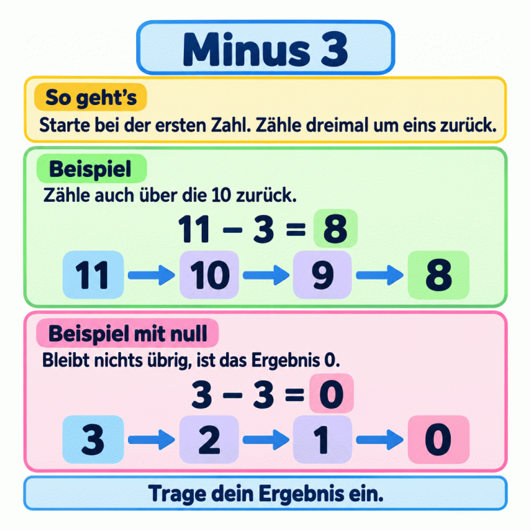 Minus 3: Starte bei der ersten Zahl und zähle dreimal um eins zurück. Das Beispiel 11 minus 3 gleich 8 zeigt die Schritte 11, 10, 9, 8. Das Beispiel 3 minus 3 gleich 0 zeigt die Schritte 3, 2, 1, 0. Bleibt nichts übrig, ist das Ergebnis 0. Trage dein Ergebnis ein. Minus 3 So geht’s: Starte bei der ersten Zahl. Zähle dreimal um eins zurück. Beispiel: Zähle auch über die 10 zurück. Beispiel mit null: Bleibt nichts übrig, ist das Ergebnis 0. Trage dein Ergebnis ein. 11 10 9 8 3 2 1 − =