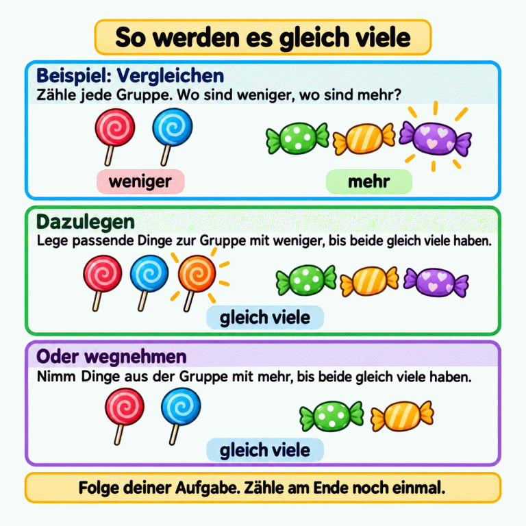 Ein Beispiel zeigt zwei Lutscher und drei Bonbons. Bei den Lutschern sind weniger, bei den Bonbons mehr. Zwei Wege führen zu gleich vielen: Einen passenden Lutscher dazulegen ergibt drei und drei. Oder ein Bonbon wegnehmen ergibt zwei und zwei. Beide Wege beginnen beim Ausgangsbeispiel. Zum Schluss werden beide Gruppen noch einmal gezählt. So werden es gleich viele Beispiel: Vergleichen: Zähle jede Gruppe. Wo sind weniger, wo sind mehr? Dazulegen: Lege passende Dinge zur Gruppe mit weniger, bis beide gleich viele haben. Oder wegnehmen: Nimm Dinge aus der Gruppe mit mehr, bis beide gleich viele haben. Folge deiner Aufgabe. Zähle am Ende noch einmal. weniger mehr gleich viele