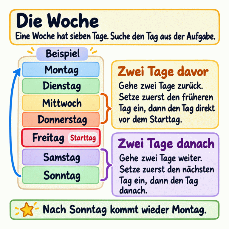 Eine Wochenliste zeigt Montag, Dienstag, Mittwoch, Donnerstag, Freitag, Samstag und Sonntag. Freitag ist als Beispiel-Starttag markiert. Die zwei Tage davor sind Mittwoch und Donnerstag: Der frühere Tag wird zuerst eingesetzt. Die zwei Tage danach sind Samstag und Sonntag: Der nächste Tag wird zuerst eingesetzt. Für jede Aufgabe suchst du zuerst ihren Starttag in der Wochenliste. Nach Sonntag kommt wieder Montag. Die Woche: Eine Woche hat sieben Tage. Suche den Tag aus der Aufgabe. Zwei Tage davor: Gehe zwei Tage zurück. Setze zuerst den früheren Tag ein, dann den Tag direkt vor dem Starttag. Zwei Tage danach: Gehe zwei Tage weiter. Setze zuerst den nächsten Tag ein, dann den Tag danach. Nach Sonntag kommt wieder Montag. Beispiel Montag Dienstag Mittwoch Donnerstag Freitag Starttag Samstag Sonntag
