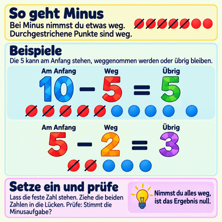 Lernkarte zum Einsetzen von Zahlen in Minusaufgaben. Über den Zahlen stehen die Rollen Am Anfang, Weg und Übrig. Das Beispiel 10 minus 5 gleich 5 zeigt zehn Punkte, davon fünf durchgestrichen. Das Beispiel 5 minus 2 gleich 3 zeigt fünf Punkte, davon zwei durchgestrichen. Die 5 kann unterschiedliche Rollen haben. Die feste Zahl bleibt stehen; die beiden anderen Zahlen werden passend eingesetzt und die Rechnung wird geprüft. Wird alles weggenommen, ist das Ergebnis null. So geht Minus: Bei Minus nimmst du etwas weg. Durchgestrichene Punkte sind weg. Beispiele: Die 5 kann am Anfang stehen, weggenommen werden oder übrig bleiben. Setze ein und prüfe: Lass die feste Zahl stehen. Ziehe die beiden Zahlen in die Lücken. Prüfe: Stimmt die Minusaufgabe? Nimmst du alles weg, ist das Ergebnis null. Am Anfang Weg Übrig 10 5 2 3 − =