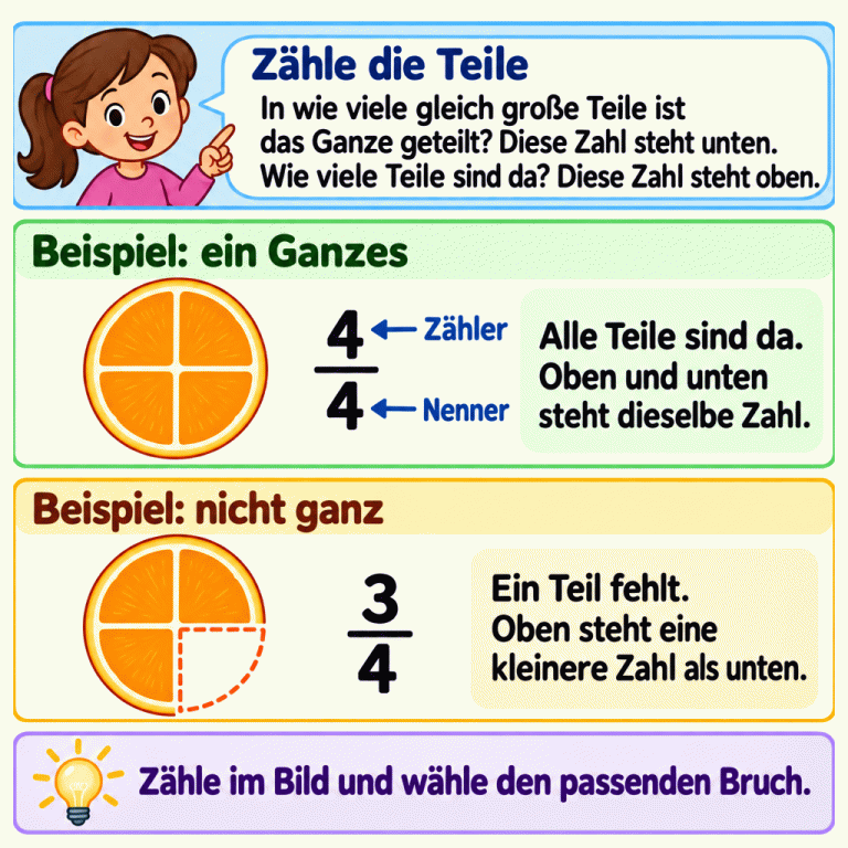 Zähle zuerst, in wie viele gleich große Teile das Ganze geteilt ist. Diese Anzahl steht unten im Bruch. Die Anzahl der vorhandenen Teile steht oben. Ein Fruchtquerschnitt mit vier vorhandenen Vierteln zeigt vier Viertel: Alle Teile sind da, also ist es ein Ganzes. Bei einem zweiten Fruchtquerschnitt fehlt ein Viertel. Drei von vier Teilen sind da; der Bruch lautet drei Viertel. Die obere Zahl heißt Zähler, die untere Nenner. Zähle die Teile: In wie viele gleich große Teile ist das Ganze geteilt? Diese Zahl steht unten. Wie viele Teile sind da? Diese Zahl steht oben. Beispiel: ein Ganzes: Alle Teile sind da. Oben und unten steht dieselbe Zahl. Beispiel: nicht ganz: Ein Teil fehlt. Oben steht eine kleinere Zahl als unten. Zähle im Bild und wähle den passenden Bruch. 4/4 3/4 Zähler Nenner
