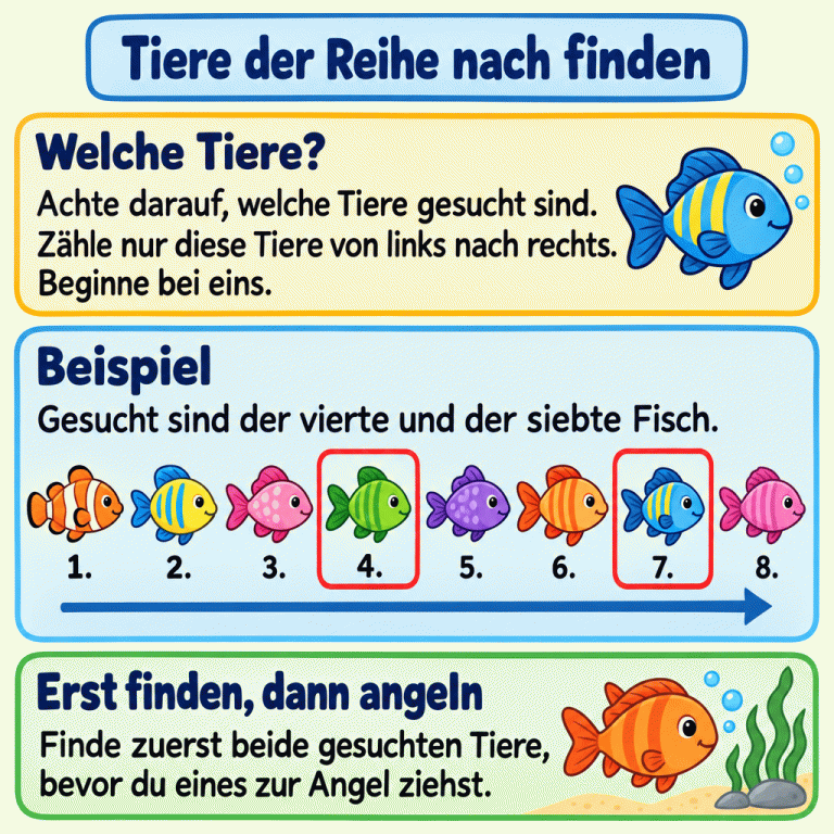 Zuerst darauf achten, welche Tiere gesucht sind. Nur diese Tiere von links nach rechts zählen und bei eins beginnen. Das Beispiel zeigt acht Fische mit den Ordnungszahlen 1. bis 8. Gesucht sind der vierte und der siebte Fisch; beide sind umrandet. Zuerst beide gesuchten Tiere finden, bevor eines zur Angel gezogen wird. Tiere der Reihe nach finden Welche Tiere?: Achte darauf, welche Tiere gesucht sind. Zähle nur diese Tiere von links nach rechts. Beginne bei eins. Beispiel: Gesucht sind der vierte und der siebte Fisch. Erst finden, dann angeln: Finde zuerst beide gesuchten Tiere, bevor du eines zur Angel ziehst. 1. 2. 3. 4. 5. 6. 7. 8.