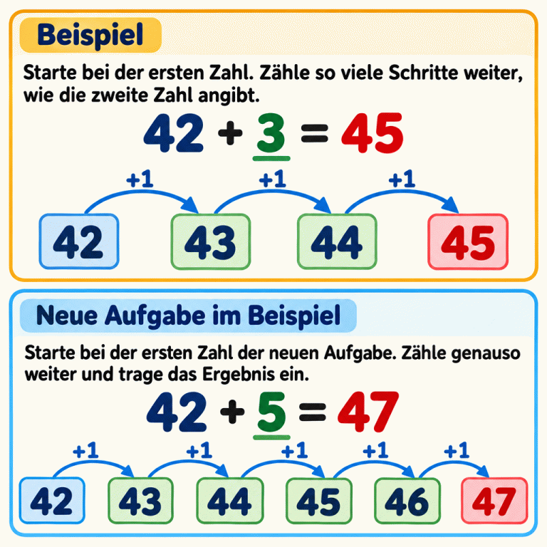 Zwei Lehrbeispiele zeigen das Addieren durch Weiterzählen. Bei 42 plus 3 führen drei Einerschritte über 43 und 44 zu 45. Bei 42 plus 5 führen fünf Einerschritte über 43, 44, 45 und 46 zu 47. Jeder Schritt ist mit plus eins beschriftet. Die Anleitung erklärt: Beginne bei der ersten Zahl der jeweiligen Aufgabe. Die zweite Zahl sagt, wie viele Schritte du weiterzählst. Die zuletzt erreichte Zahl ist das Ergebnis. Beispiel: Starte bei der ersten Zahl. Zähle so viele Schritte weiter, wie die zweite Zahl angibt. Neue Aufgabe im Beispiel: Starte bei der ersten Zahl der neuen Aufgabe. Zähle genauso weiter und trage das Ergebnis ein. 42 3 5 + = 43 44 45 46 47 +1