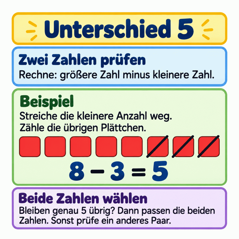 Unterschied 5: Ziehe von zwei Zahlen die kleinere von der größeren ab. Das Beispiel zeigt acht Plättchen, davon sind drei durchgestrichen. Fünf bleiben übrig: 8 minus 3 gleich 5. Ergibt die Rechnung 5, wähle beide Zahlen. Sonst prüfe ein anderes Paar. Unterschied 5 Zwei Zahlen prüfen: Rechne: größere Zahl minus kleinere Zahl. Beispiel: Streiche die kleinere Anzahl weg. Zähle die übrigen Plättchen. Beide Zahlen wählen: Bleiben genau 5 übrig? Dann passen die beiden Zahlen. Sonst prüfe ein anderes Paar. 8 − 3 = 5