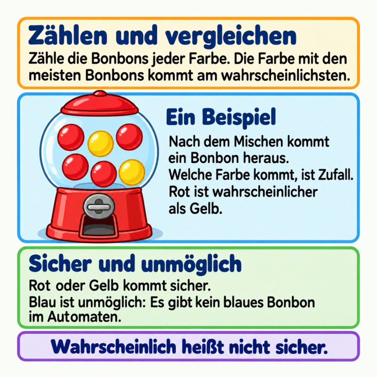 Eine Lernkarte erklärt: Zähle die Bonbons jeder Farbe. Die häufigste Farbe kommt am wahrscheinlichsten. Im Beispiel enthält ein Automat vier rote und zwei gelbe Bonbons. Nach dem Mischen kommt ein Bonbon heraus. Rot ist wahrscheinlicher, aber Gelb kann auch kommen. Sicher kommt Rot oder Gelb. Blau ist unmöglich, weil kein blaues Bonbon enthalten ist. Wahrscheinlich heißt nicht sicher. Zählen und vergleichen: Zähle die Bonbons jeder Farbe. Die Farbe mit den meisten Bonbons kommt am wahrscheinlichsten. Ein Beispiel: Nach dem Mischen kommt ein Bonbon heraus. Welche Farbe kommt, ist Zufall. Rot ist wahrscheinlicher als Gelb. Sicher und unmöglich: Rot oder Gelb kommt sicher. Blau ist unmöglich: Es gibt kein blaues Bonbon im Automaten. Wahrscheinlich heißt nicht sicher.