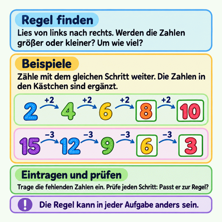 Zwei Beispiele erklären das Ergänzen von Zahlenreihen. Oben geht es immer um zwei weiter: 2, 4, 6, 8, 10. Die ergänzten Zahlen 8 und 10 stehen in Kästchen. Unten werden die Zahlen jeweils um drei kleiner: 15, 12, 9, 6, 3. Hier stehen 6 und 3 in Kästchen. Vergleiche die vorgegebenen Zahlen, behalte ihren Schritt bei und prüfe alle Ergänzungen. Die Regel kann in jeder Aufgabe anders sein. Regel finden: Lies von links nach rechts. Werden die Zahlen größer oder kleiner? Um wie viel? Beispiele: Zähle mit dem gleichen Schritt weiter. Die Zahlen in den Kästchen sind ergänzt. Eintragen und prüfen: Trage die fehlenden Zahlen ein. Prüfe jeden Schritt: Passt er zur Regel? Die Regel kann in jeder Aufgabe anders sein. 2 4 6 8 10 15 12 9 3 +2 −3 !