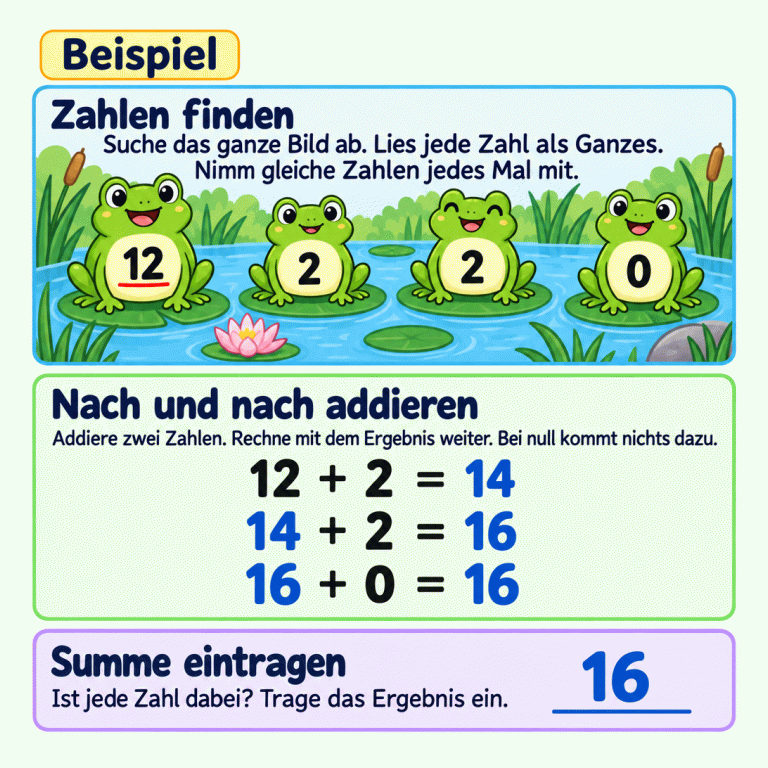 Eine Beispielkarte zeigt vier Frösche mit den Zahlen 12, 2, 2 und 0. Jede Zahl wird als Ganzes gelesen; beide Zweien werden berücksichtigt. Die Rechnung geht Schritt für Schritt: 12 plus 2 ergibt 14, 14 plus 2 ergibt 16 und 16 plus 0 bleibt 16. Zum Schluss wird geprüft, ob alle Zahlen dabei sind, und das Beispielergebnis 16 eingetragen. Zahlen finden: Suche das ganze Bild ab. Lies jede Zahl als Ganzes. Nimm gleiche Zahlen jedes Mal mit. Nach und nach addieren: Addiere zwei Zahlen. Rechne mit dem Ergebnis weiter. Bei null kommt nichts dazu. Summe eintragen: Ist jede Zahl dabei? Trage das Ergebnis ein. Beispiel 12 2 14 16 + =