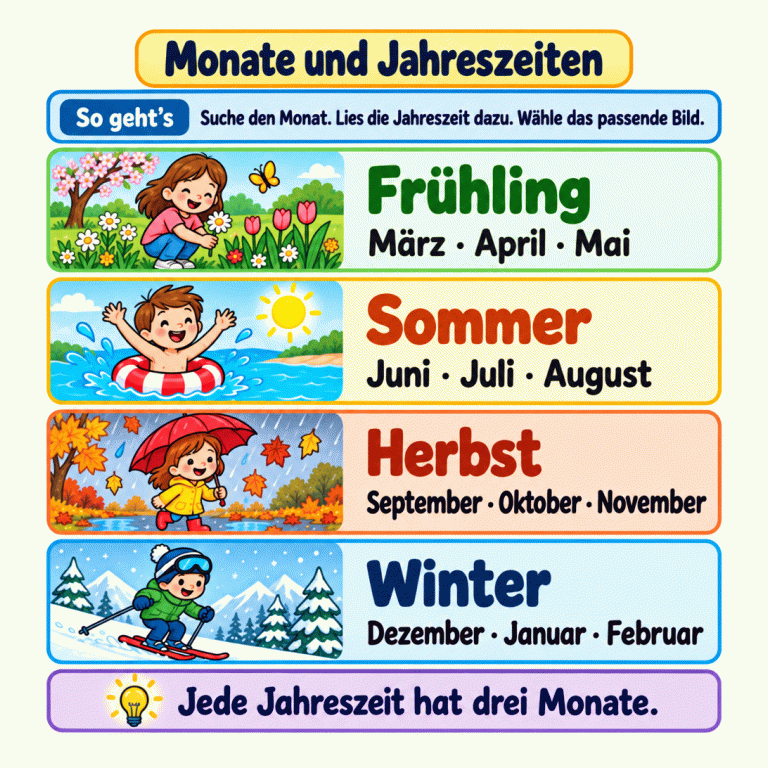 Eine Übersicht zeigt die Monate und ihre Jahreszeiten: März, April und Mai gehören zum Frühling; Juni, Juli und August zum Sommer; September, Oktober und November zum Herbst; Dezember, Januar und Februar zum Winter. Daneben helfen Bilder mit Blumen, Schwimmen, fallenden Blättern und Schnee beim Wiedererkennen. Suche den Monat, lies seine Jahreszeit ab und wähle das passende Bild. Monate und Jahreszeiten So geht’s: Suche den Monat. Lies die Jahreszeit dazu. Wähle das passende Bild. Jede Jahreszeit hat drei Monate. Frühling März · April · Mai Sommer Juni · Juli · August Herbst September · Oktober · November Winter Dezember · Januar · Februar
