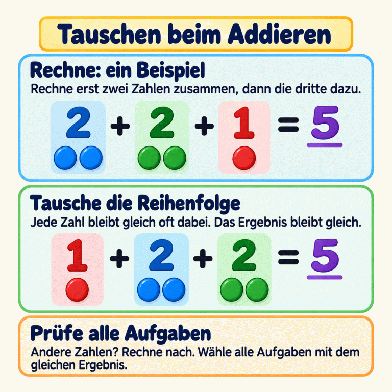 Tauschen beim Addieren: Im Beispiel ergeben zwei plus zwei plus eins zusammen fünf. Darunter ergeben eins plus zwei plus zwei ebenfalls fünf. Die Plättchengruppen sind anders geordnet, ihre Gesamtzahl bleibt gleich. Jede Zahl kommt weiterhin genauso oft vor. Bei anderen Zahlen rechnest du nach und wählst alle Aufgaben mit dem gleichen Ergebnis. Tauschen beim Addieren Rechne: ein Beispiel: Rechne erst zwei Zahlen zusammen, dann die dritte dazu. Tausche die Reihenfolge: Jede Zahl bleibt gleich oft dabei. Das Ergebnis bleibt gleich. Prüfe alle Aufgaben: Andere Zahlen? Rechne nach. Wähle alle Aufgaben mit dem gleichen Ergebnis. 2 + 2 + 1 = 5 1 + 2 + 2 = 5