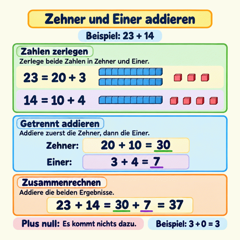 Zehner und Einer addieren, gezeigt am Beispiel 23 plus 14. Zuerst zerlegen: 23 sind 20 plus 3, dargestellt durch zwei Zehnerstangen und drei Einerplättchen. 14 sind 10 plus 4, dargestellt durch eine Zehnerstange und vier Einerplättchen. Jede Stange enthält zehn Einer. Dann getrennt addieren: 20 plus 10 ergibt 30, 3 plus 4 ergibt 7. Zum Schluss zusammenrechnen: 23 plus 14 ist 30 plus 7, also 37. Plus null bedeutet: Es kommt nichts dazu. Beispiel: 3 plus 0 ergibt 3. Zehner und Einer addieren Zahlen zerlegen: Zerlege beide Zahlen in Zehner und Einer. Getrennt addieren: Addiere zuerst die Zehner, dann die Einer. Zusammenrechnen: Addiere die beiden Ergebnisse. Plus null: Es kommt nichts dazu. Beispiel: 23 + 14 23 = 20 + 3 14 = 10 + 4 Zehner: 20 + 10 = 30 Einer: 3 + 4 = 7 23 + 14 = 30 + 7 = 37 Beispiel: 3 + 0 = 3