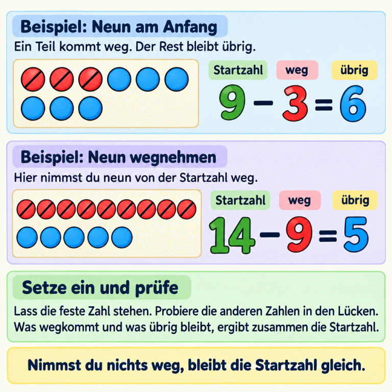 Zwei Lehrbeispiele erklären die Zahlenplätze beim Minusrechnen. Bei 9 minus 3 gleich 6 sind von neun Plättchen drei als weggenommen markiert; sechs bleiben übrig. Bei 14 minus 9 gleich 5 sind neun von vierzehn Plättchen markiert; fünf bleiben übrig. Die Zahlenplätze heißen Startzahl, weg und übrig. Zum Einsetzen bleibt die feste Zahl stehen. Zur Kontrolle ergeben die weggenommene Zahl und der Rest zusammen die Startzahl. Wird nichts weggenommen, bleibt die Startzahl gleich. Beispiel: Neun am Anfang: Ein Teil kommt weg. Der Rest bleibt übrig. Beispiel: Neun wegnehmen: Hier nimmst du neun von der Startzahl weg. Setze ein und prüfe: Lass die feste Zahl stehen. Probiere die anderen Zahlen in den Lücken. Was wegkommt und was übrig bleibt, ergibt zusammen die Startzahl. Nimmst du nichts weg, bleibt die Startzahl gleich. 9 − 3 = 6 14 − 9 = 5 Startzahl weg übrig