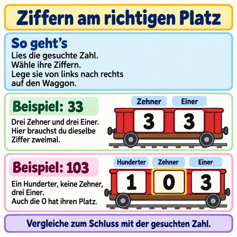Ziffern am richtigen Platz: Lies die gesuchte Zahl und lege ihre Ziffern von links nach rechts auf den Waggon. Das Beispiel 33 zeigt drei Zehner links und drei Einer rechts. Dafür wird die Ziffer 3 zweimal gebraucht. Das Beispiel 103 zeigt einen Hunderter, keine Zehner und drei Einer. Die Null steht auf dem Zehnerplatz. Vergleiche zum Schluss mit der gesuchten Zahl. Ziffern am richtigen Platz So geht’s: Lies die gesuchte Zahl. Wähle ihre Ziffern. Lege sie von links nach rechts auf den Waggon. Beispiel: 33: Drei Zehner und drei Einer. Hier brauchst du dieselbe Ziffer zweimal. Beispiel: 103: Ein Hunderter, keine Zehner, drei Einer. Auch die 0 hat ihren Platz. Vergleiche zum Schluss mit der gesuchten Zahl. Zehner Einer Hunderter 3 1