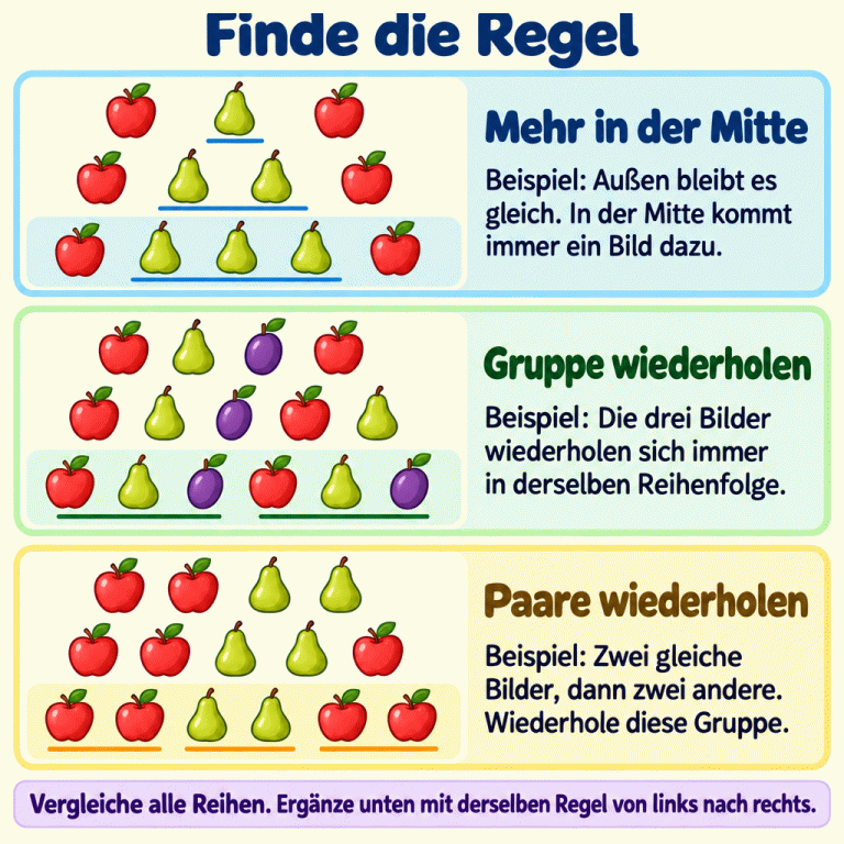 Drei Beispiele zeigen Regeln für wachsende Bildreihen. Im ersten stehen zwischen zwei Äpfeln erst eine, dann zwei, dann drei Birnen. Im zweiten wird die Gruppe Apfel, Birne, Pflaume wiederholt; die letzte Reihe enthält sie zweimal. Im dritten folgen auf zwei Äpfel zwei Birnen und anschließend wieder zwei Äpfel. Die jeweils unterste Reihe setzt die Regel fort. Vergleiche alle Reihen und ergänze die letzte Reihe von links nach rechts. Finde die Regel Mehr in der Mitte: Beispiel: Außen bleibt es gleich. In der Mitte kommt immer ein Bild dazu. Gruppe wiederholen: Beispiel: Die drei Bilder wiederholen sich immer in derselben Reihenfolge. Paare wiederholen: Beispiel: Zwei gleiche Bilder, dann zwei andere. Wiederhole diese Gruppe. Vergleiche alle Reihen. Ergänze unten mit derselben Regel von links nach rechts.