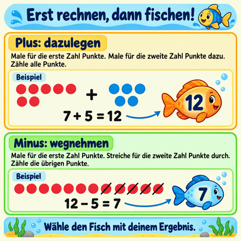 Zwei Beispiele zeigen das Rechnen mit Punkten. Bei Plus kommen zu sieben Punkten fünf dazu. Alle zusammen sind zwölf; dazu passt der Fisch mit der Zahl zwölf. Bei Minus werden von zwölf Punkten fünf durchgestrichen. Sieben bleiben übrig; dazu passt der Fisch mit der Zahl sieben. Rechne deine Aufgabe und wähle den Fisch mit deinem Ergebnis. Erst rechnen, dann fischen! Plus: dazulegen: Male für die erste Zahl Punkte. Male für die zweite Zahl Punkte dazu. Zähle alle Punkte. Minus: wegnehmen: Male für die erste Zahl Punkte. Streiche für die zweite Zahl Punkte durch. Zähle die übrigen Punkte. Wähle den Fisch mit deinem Ergebnis. Beispiel + 7 + 5 = 12 12 12 − 5 = 7 7