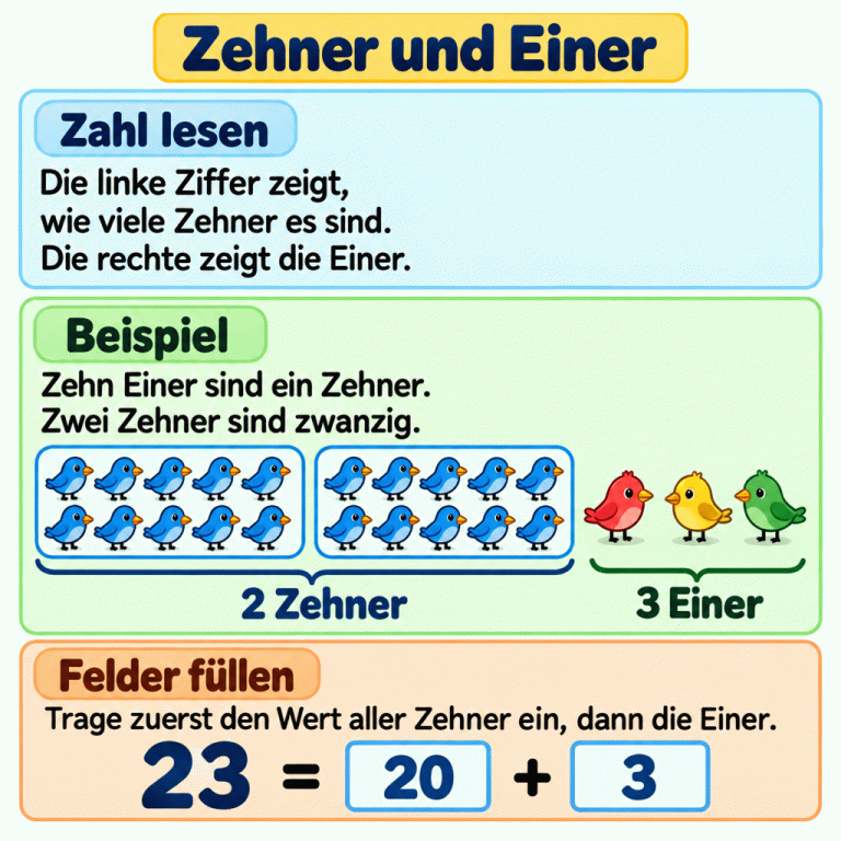 Zehner und Einer: Bei einer zweistelligen Zahl zeigt die linke Ziffer die Zehner und die rechte die Einer. Im Beispiel bilden jeweils zehn Vögel einen Zehner. Zwei solche Gruppen sind zwanzig Vögel. Dazu kommen drei einzelne Vögel. Die Gleichung lautet 23 = 20 + 3. In das erste Feld kommt der Wert aller Zehner, in das zweite die Einerzahl. Zehner und Einer Zahl lesen: Die linke Ziffer zeigt, wie viele Zehner es sind. Die rechte zeigt die Einer. Beispiel: Zehn Einer sind ein Zehner. Zwei Zehner sind zwanzig. Felder füllen: Trage zuerst den Wert aller Zehner ein, dann die Einer. 2 Zehner 3 Einer 23 = 20 + 3