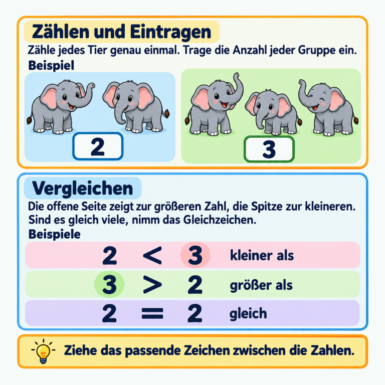 Lernkarte zum Zählen, Eintragen und Vergleichen. Im Zählbeispiel gehören zwei Elefanten zur Zahl 2 und drei Elefanten zur Zahl 3. Jedes Tier wird genau einmal gezählt. Darunter stehen die Beispiele: 2 ist kleiner als 3, 3 ist größer als 2 und 2 ist gleich 2. Die offene Seite des Vergleichszeichens zeigt zur größeren Zahl, die Spitze zur kleineren. Bei gleichen Anzahlen wird das Gleichzeichen verwendet. Das passende Zeichen kommt zwischen die Zahlen. Zählen und Eintragen: Zähle jedes Tier genau einmal. Trage die Anzahl jeder Gruppe ein. Vergleichen: Die offene Seite zeigt zur größeren Zahl, die Spitze zur kleineren. Sind es gleich viele, nimm das Gleichzeichen. Ziehe das passende Zeichen zwischen die Zahlen. Beispiel Beispiele 2 3 < > = kleiner als größer als gleich