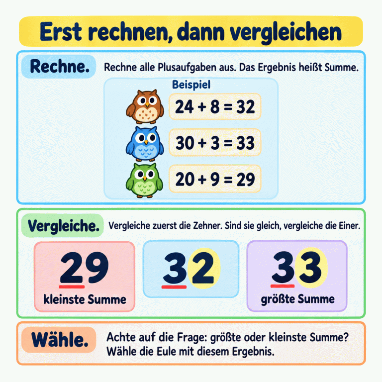 Erst rechnen, dann vergleichen: Drei Eulen zeigen die Beispielrechnungen 24 plus 8 gleich 32, 30 plus 3 gleich 33 und 20 plus 9 gleich 29. Vergleiche zuerst die Zehner, bei gleichen Zehnern die Einer. Im Beispiel ist 29 die kleinste und 33 die größte Summe. Lies die Frage und wähle die Eule mit dem gesuchten Ergebnis. Erst rechnen, dann vergleichen Rechne.: Rechne alle Plusaufgaben aus. Das Ergebnis heißt Summe. Vergleiche.: Vergleiche zuerst die Zehner. Sind sie gleich, vergleiche die Einer. Wähle.: Achte auf die Frage: größte oder kleinste Summe? Wähle die Eule mit diesem Ergebnis. Beispiel 24 + 8 = 32 30 + 3 = 33 20 + 9 = 29 29 32 33 kleinste Summe größte Summe