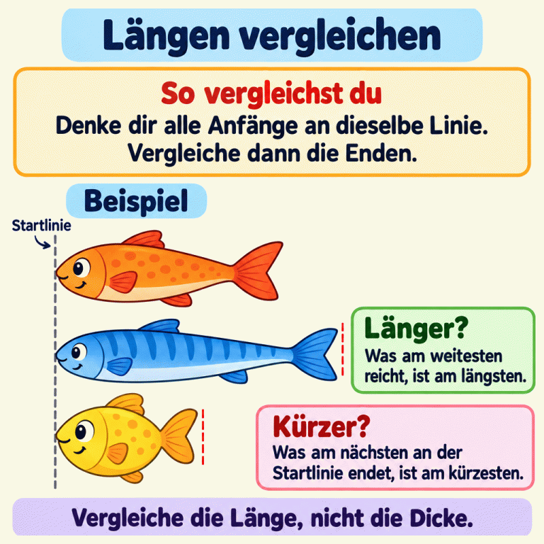 Längen vergleichen: Drei unterschiedlich lange Fische beginnen an derselben Startlinie. Der längste Fisch reicht am weitesten. Das Ende des kürzesten liegt am nächsten an der Startlinie. Der kürzeste Fisch ist dicker als der längste: Entscheidend ist die Länge, nicht die Dicke. Längen vergleichen So vergleichst du: Denke dir alle Anfänge an dieselbe Linie. Vergleiche dann die Enden. Länger?: Was am weitesten reicht, ist am längsten. Kürzer?: Was am nächsten an der Startlinie endet, ist am kürzesten. Vergleiche die Länge, nicht die Dicke. Beispiel Startlinie